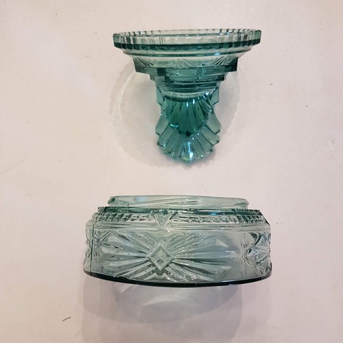 RARE L.E. Smith Uranium GLASS Pleated Fan Powder Jar w/ Lid VTG Teal Blue Vanity - Picture 5 of 6