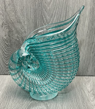 Blown Art Glass Nautilus Shell Vase Clear Blue Striped Conch Beach Decor HEAVY