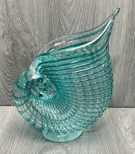 Blown Art Glass Nautilus Shell Vase Clear Blue Striped Conch Beach Decor HEAVY