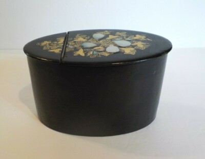 19th C. Victorian Papier Mache Flip-Top Oval Storage Box, M.O.P.