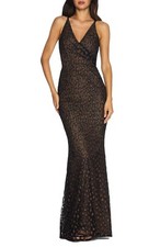 Dress the Population Helen Lace Gown Maxi Dress Black Tan Size M - Runs Small