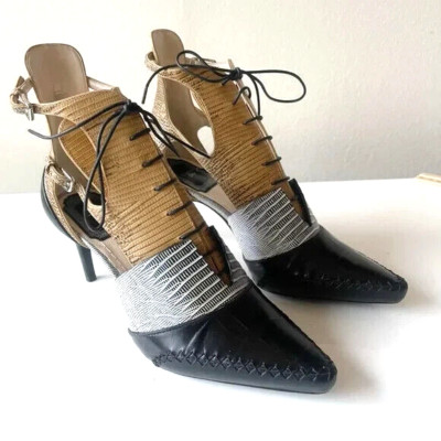 DIOR Nomade Cut Out Lace Up Boot Heel Lizard Croc Embossed Womens   6.5