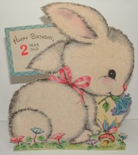 Lg. Stand-up FLOCKED Bunny - 1948 Vintage HALLMARK Birthday Greeting Card