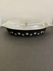 PYREX Vintage Black Snowflake Divided Oval Casserole Baking Dish w/Lid 1.5 Quart