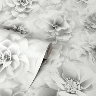 Grau Floral Tapete Silber 3D Effekt Rosen Wohnzimmer Flur Schlafzimmer Feature Wand
