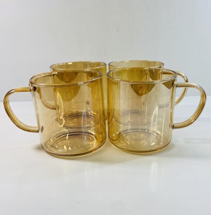 Luxu Home Blown & Seamless Amber Glass Coffee Mugs 14 oz Set of 4