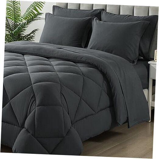 Size Comforter Set, 7 Pieces Bed in a Bag, Bedding Sets with Queen Dark Grey