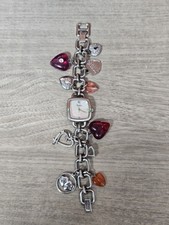 VTG Y2k Fossil F2 Heart Charm Bracelet Watch ES-1146 Silver-tone Chunky Chain