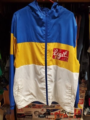 BLEECKER & MERCER Windbreaker LEGIT Name Tag Zip Jacket Blue Yellow White XLarge