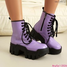 Women's Platform Mid Block Heels Lace Up Knight Ankle Boots Shiny Zipper Shoes
