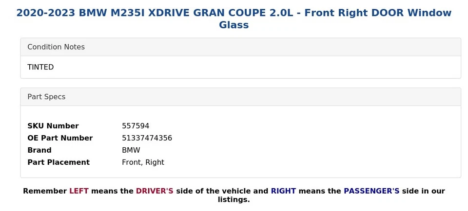 BMW M235I XDRIVE 2020-2023 gran cupé 2,0 L - puerta delantera derecha ventana cristal Foto 3 de 4