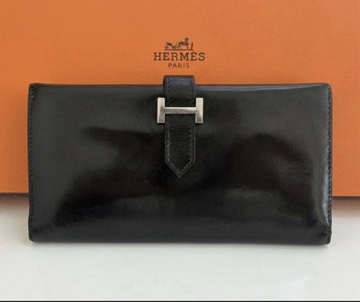 Hermes Black Box Calfskin Bearn Gusset Wallet Palladium H Silver HW Long Clutch
