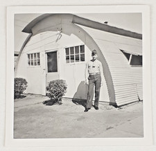 WWII Era Soldier in Front of Barracks 3.5 x 3.5 B W Photo Very Good