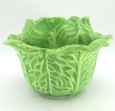 Vintage Green Cabbage Leaf Ceramic Covered Bowl Signed  Approx. 7"L X 4”T