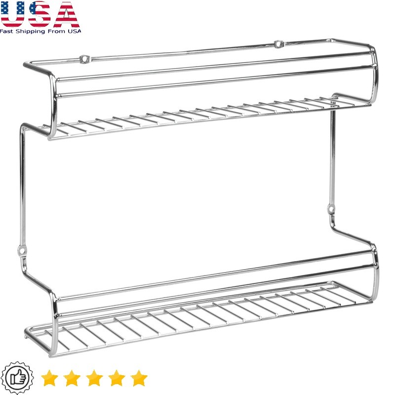 2-Tier Wall Mount Chrome Steel Spice Rack Organizer for Kitchen Storage