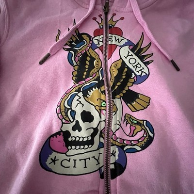 Ed Hardy Pink Zip Hoodie NWT Skull Snake New York Crop Jacket