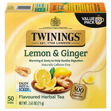 Twinings Lemon ginger herbal Tea Bags, Caffeine Free, 50 Count Box.