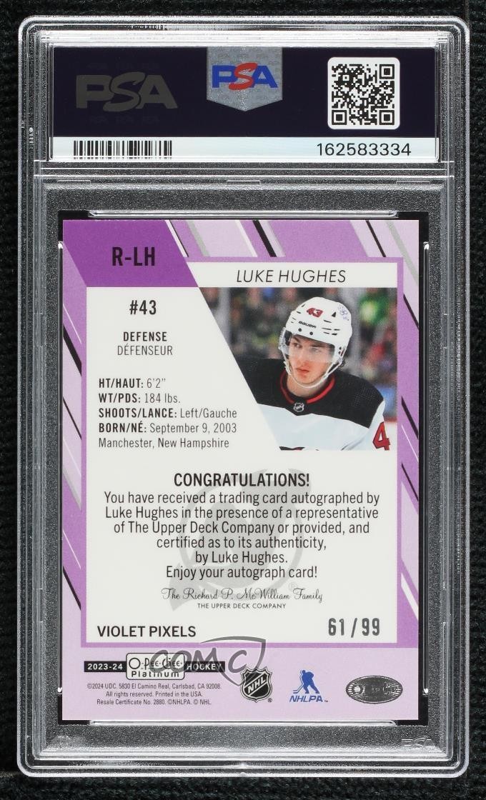 2023-24 O-Pee-Chee Platinum Rookie Violet Pixels 61/99 Luke Hughes PSA 9 Auto RC view 2