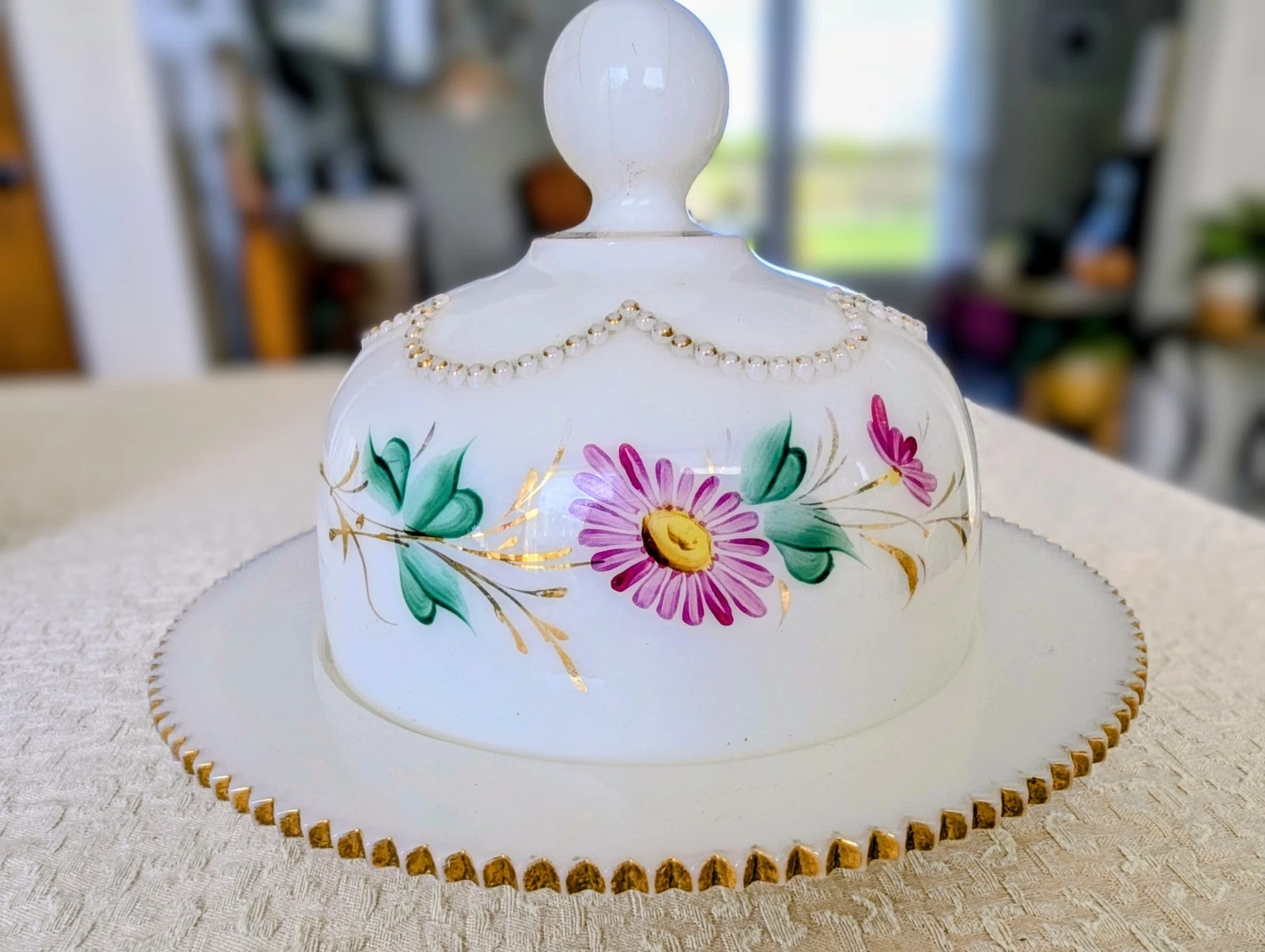 Antique Heisey EAPG Milk Glass Beaded Swag Butter Dish