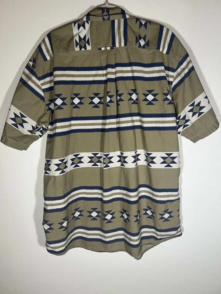 Camisa de campamento vintage años 90 Orvis caqui azul azteca SS talla XL pesca al aire libre gorpcore Foto 2 de 4