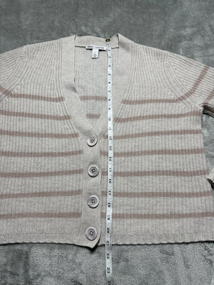 Autumn Cashmere Cardigan Sweater Women’s S Beige Stripes Knit 100% Cashmere - Image 4 of 4