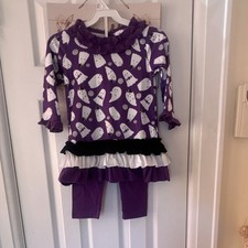 Halloween Ghost Print Ruffle Top Pants Set, Purple, Long Sleeve, Girls, Fall