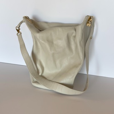 Vintage Bally Cream Leather Hobo Shoulder Bag Gold B Logo Italy Distressed