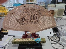 Chinese Handmade 9" Bamboo Wood Hand Fan W/tassle Box And Red Display Holder