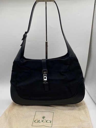 GUCCI Jackie Nylon Leather Shoulder Hobo Handbag Black Vintage Classic Japan