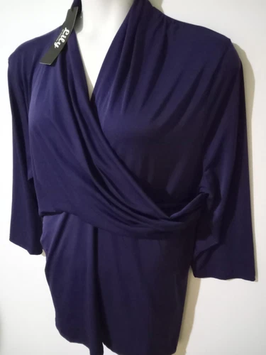 Lily By Firmiana Womens 4X Top Purple Wrap Front Pullover Stretch 3/4 Sleeve NEW