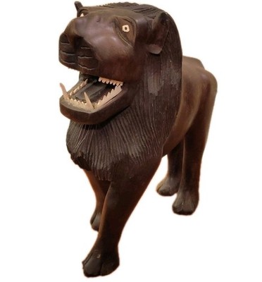 Vintage Hand Carved Roaring Lion Large Wood Statue Sculpture Eyes Teeth 12''