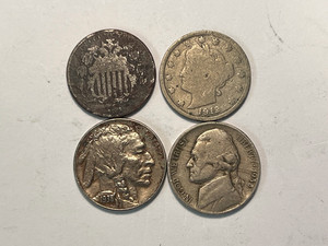 4-FIRST & LAST YEAR NICKEL TYPE SET=1866 SHIELD, 1912 "V", 1938 BUFF & 1938 JEFF