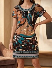 BCBGMAXAZRIA Vintage Vibe Boho Patterned Mini Dress Short Sleeve Teal Orange, S
