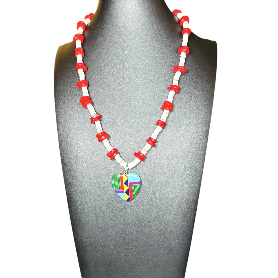 Vtg Native Turquoise Mosaic Inlay Heart Pendant Zuni Red Coral Heishi Necklace - Image 4 of 4