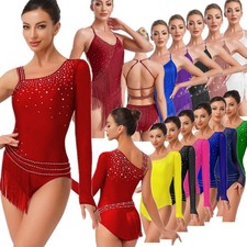 Womens Figure Skating Leotard Shoulder Glittery Fringe Bodysuit Latin Dancewear