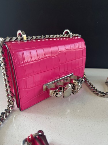 NEW ALEXANDER MCQUEEN Mini Skull Jeweled Croc-Embossed Satchel Bag Peony Pink - Picture 5 of 14