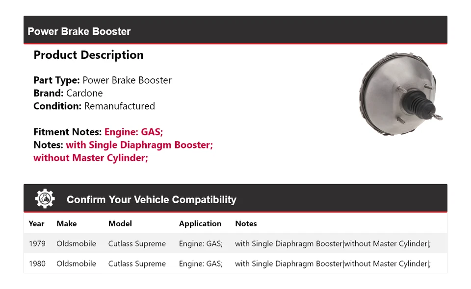 Para Oldsmobile Cutlass Supreme 1979-1980 GAS Power Brake Booster Cardone Foto 2 de 4