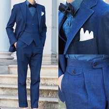 Blue Denim Suit for Men Single Breasted Notch Collar Jacket Trousers Casual Wear
