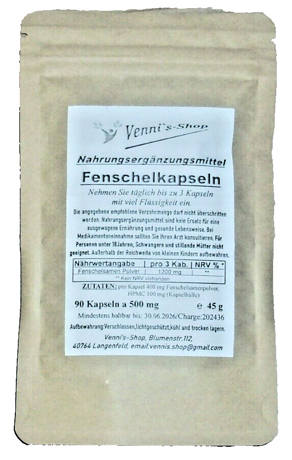 Fenchel 500 mg - 90 Kapseln a 500 mg Fenchelsamenpulver, vegan | vennis-shop