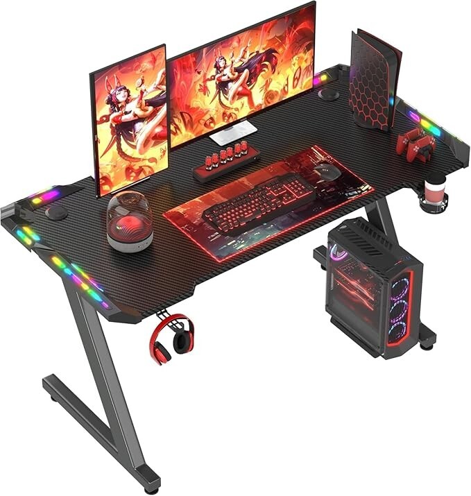 Homall Gaming Desk with LED Lights, 120 x 60cm RGB Gaming Table Z Shape, Large Computer Desk with Headphone Hook and Cup Holder, Gamer Table for Home Office, Black 25 Homall Gaming Desk with LED Lights, 120 x 60cm RGB Gaming Table Z Shape, Large
