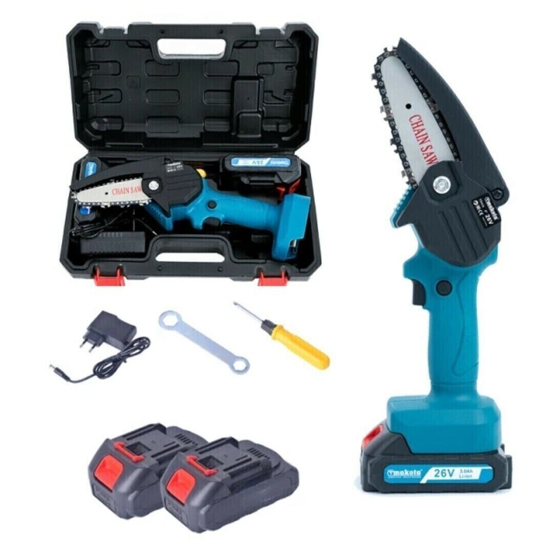 Elettrosega Mini 26V Tagliarami con 2 Batterie e 2 Catene 4" 6" Kit Completo