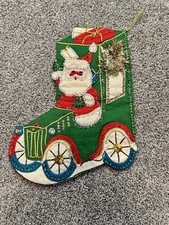 Vintage Handmade Christmas Wall Hanging Sequins Santa in Old Car