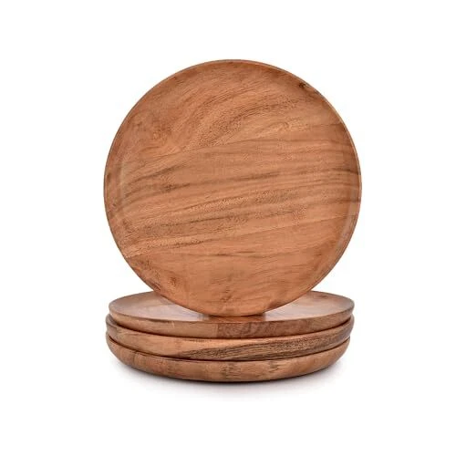 Acacia Wood Round Wood Plates Set of 4 Easy Cleaning & Lightweight for Dishes