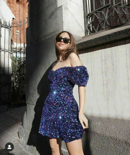 X Zara Lentejuelas Vestido Mini Azul Rosa Violeta Terciopelo Negro Puff  Manga M | eBay