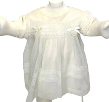 Vintage Sheer Infant Christening Dress Slip 12-18 m Ivory Lace Pleated Buttons