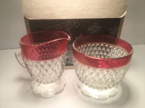 1960s Indiana Glass Ruby Red Rim Diamond Point Glass Creamer and Sugar - Picture 1 of 3