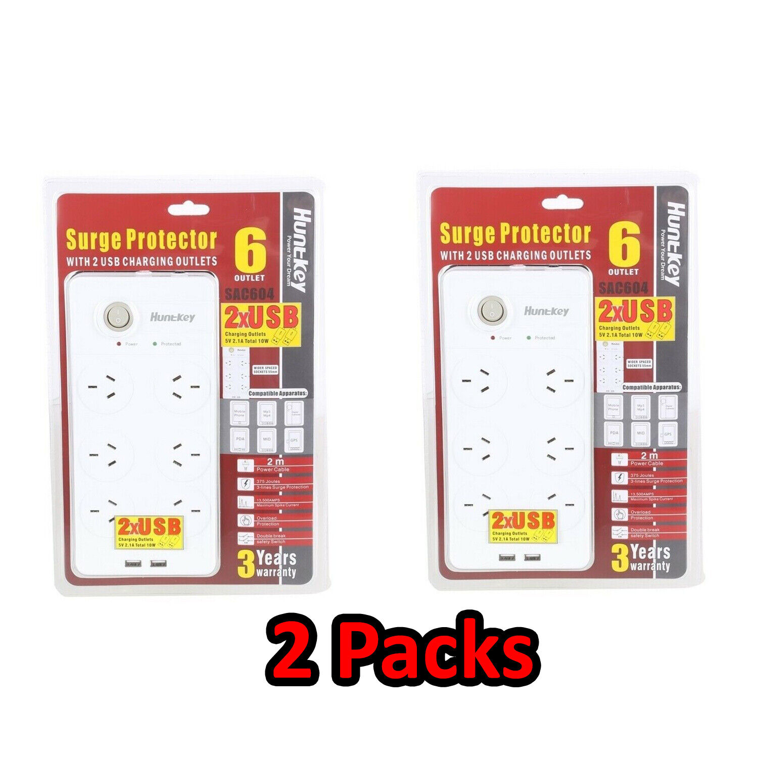 Huntkey 6 Outlets 2 USB Surge Protector Powerboard 2.1A 10w Copper Bar 2m x 2pk