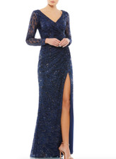 MAC DUGGAL 12412 SEQUIN LONG SLEEVE RUCHED SEQUIN V-NECK MIDNIGHT NAVY GOWN  10