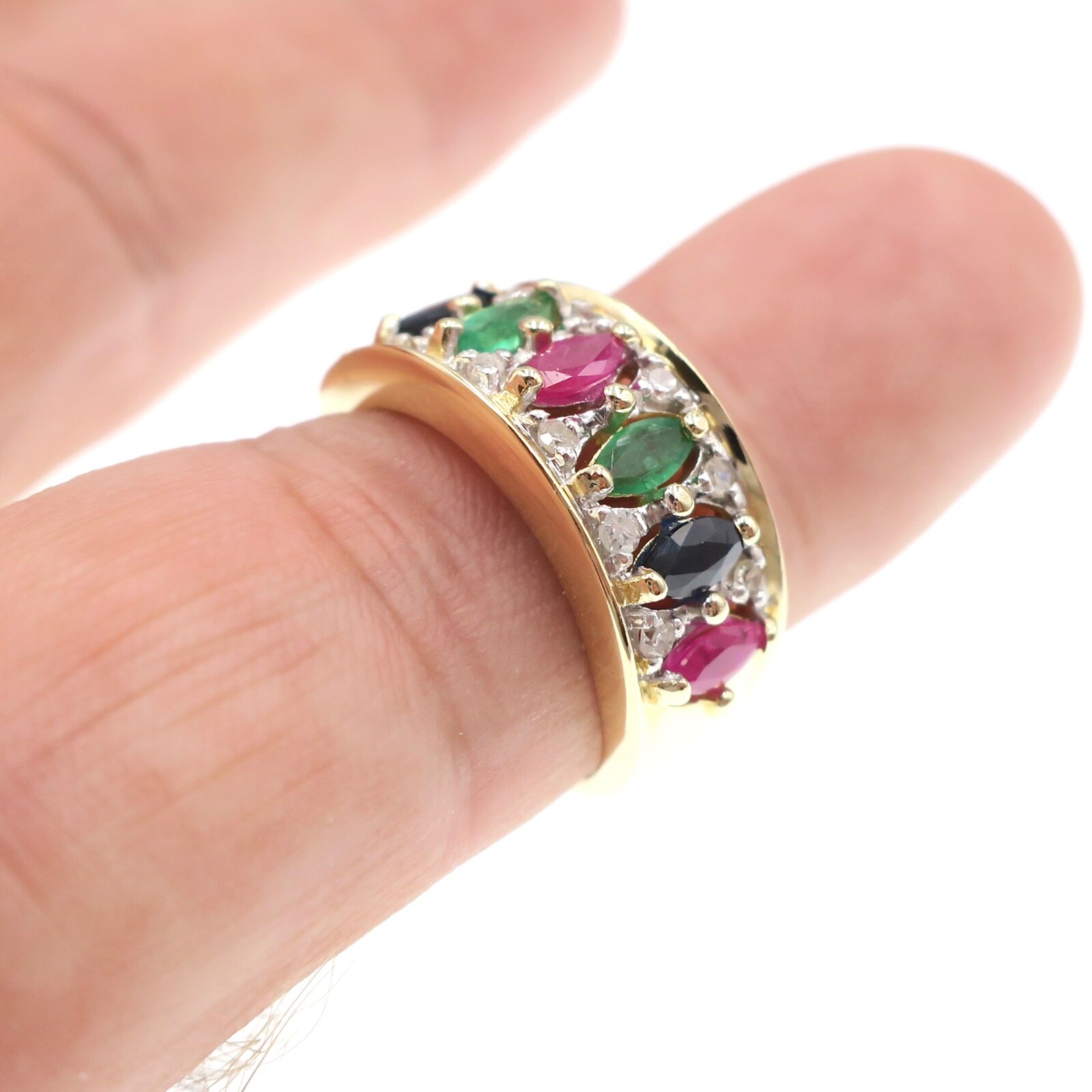 14k Solid Yellow Gold Natural Ruby Emerald Blue S… - image 4