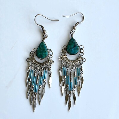 Native American Silver Peruvian Turquoise Dangle Earrings Handmade Chrysocolla